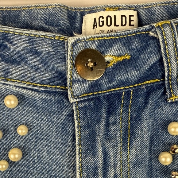 Agolde Blue Pearl Rhinestone Embellished High Rise Distressed Cropped XS Jeans - Picture 4 of 11